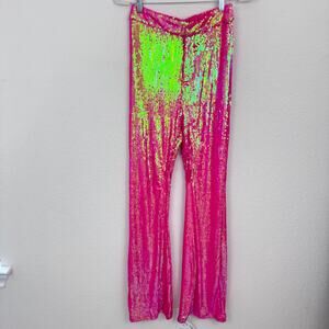 Nichole Lynel Womens The Label Holiday Glam Sequin Pants Size L Flare Bold Pink